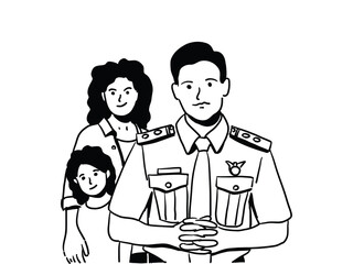 A man standing infront of family daughter and wife, Father's day concept vector line drawing