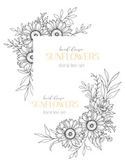 Sunflowers Line Drawing. Sunflower Frame Line Art. Floral frame. Floral Line Art. Fine Line Sunflower  illustration. Hand Drawn Outline flowers. Botanical Coloring Page. Wedding invitation flowers