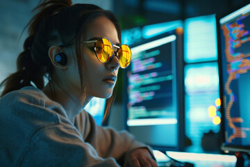 Focused woman programming on multiple screens suggests technology, concentration, and multitasking in the digital era. Suitable for tech blogs, coding tutorials, and articles on women in STEM.
