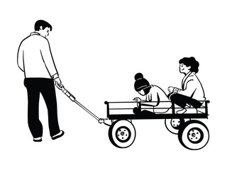Fatheer pulling children wagon, children playing wagon with their father, father's concept vector line drawing