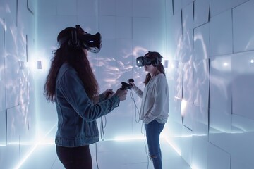 Two women wearing VR headsets stand in a futuristic lit environment, exploring a virtual dimension.