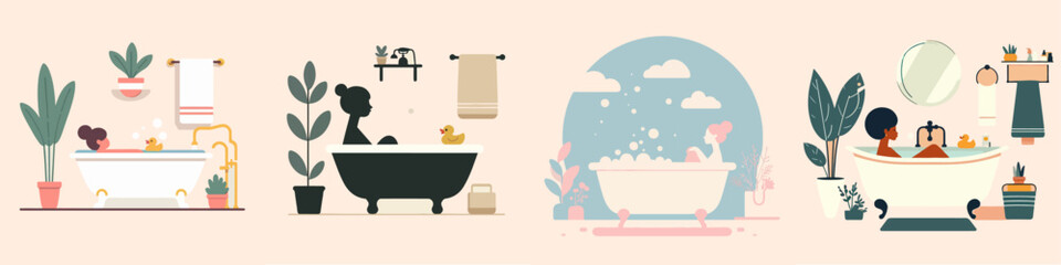 illustration set of person bathing in a bathtub