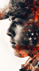 American soldier & flag, double exposure,  Tribute to service, war & peace. copy space