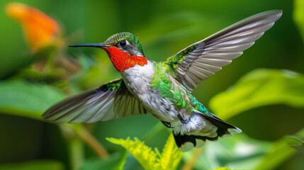 Fototapeta premium A hummingbird is flying through a lush green forest. The bird is green and red, with a long tail and a black beak. Concept of freedom and natural beauty. the mesmerizing shimmer of its plumage