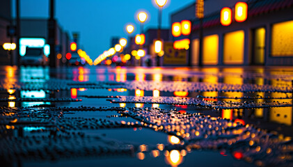 Rainy City Street at Twilight, Vibrant Neon Reflections