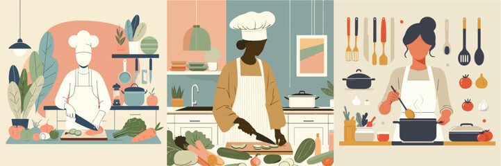 illustration set of people cooking on kitchen. kitchen element decoration
