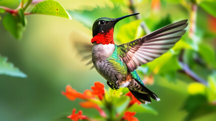 Fototapeta premium A hummingbird is flying through a lush green forest. The bird is green and red, with a long tail and a black beak. Concept of freedom and natural beauty. the mesmerizing shimmer of its plumage