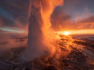 Geysers erupting at sunrise steam and water shooting up