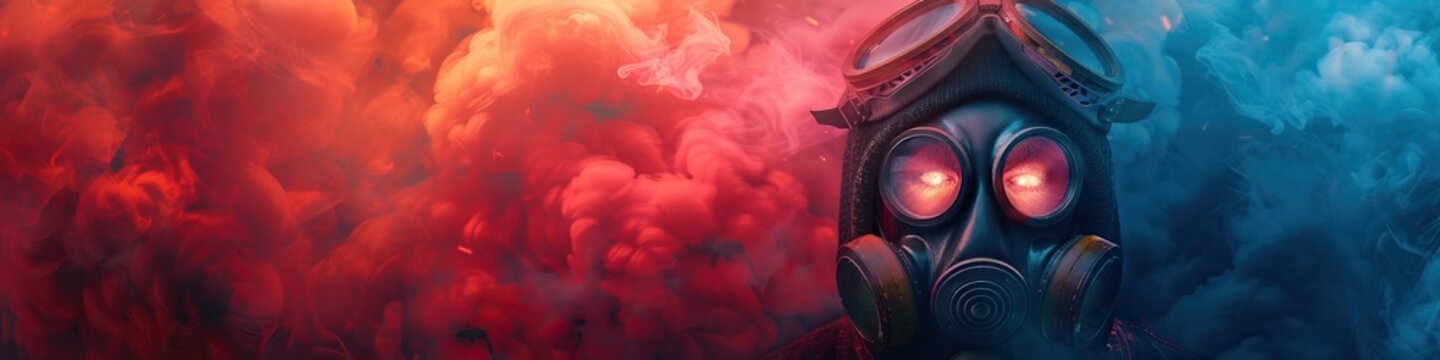 In a neon-lit wasteland, a lone figure wanders, gas mask clad, amidst radioactive graffiti