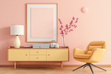 Retro-style living room with yellow accents and mockup frame. Concept: Interior design, color accents. Use: Decor magazines, design blogs, retail