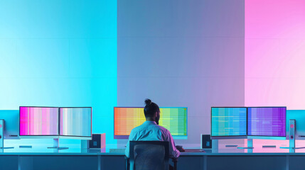 Professional at a multi-monitor workstation. Depicts focus and high-tech workflow in modern office settings. Ideal for technology and productivity themes.