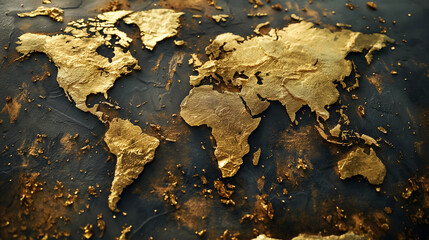 Elegant gold foil world map on a dark textured surface, symbolizing luxury travel, international business, and global finance.