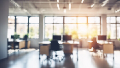 Blurred Empty Sunny Open Space Office. Blurred Office Interior Space Background. Corporate Design.