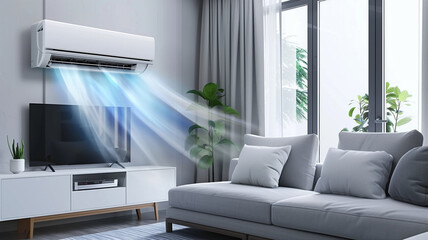 A living room with a white couch and a black television. A large air conditioner is blowing cool air into the room. air conditioner with fresh stream in living room - obrazy, fototapety, plakaty