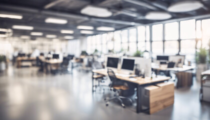 Modern Office Interior with Defocused Background, Spacious Design, and Stylish Furniture, Featuring Bright Lighting, Minimalist Decor, Empty Workstations, and a Professional Atmosphere for Business