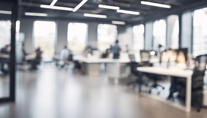 Defocused Modern Office Interior with Stylish Furniture, Bright Lighting, and Open Space, Featuring Abstract Design and Professional Atmosphere for Corporate, Business, and University Workspaces