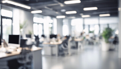 Modern Office Interior: Blurred and Stylish Workplace with Defocused Light and Open Space