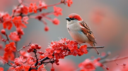  Bird perched on tree branch with vibrant red flowers against gray-pink backdrop