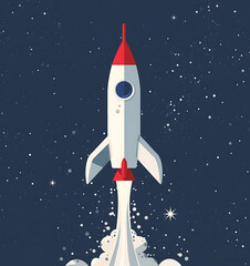 Vector flat cartoon rocket in space, vector illustration on a dark blue background, 