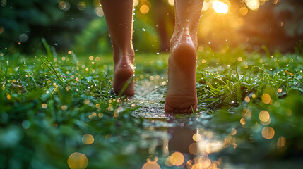 Barefoot Walk on Dewy Grass at Sunrise. - obrazy, fototapety, plakaty