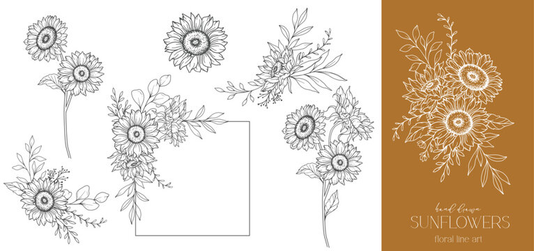 Sunflowers Line Drawing. Sunflower Frame Line Art. Floral frame. Floral Line Art. Fine Line Sunflower  illustration. Hand Drawn Outline flowers. Botanical Coloring Page. Wedding invitation flowers