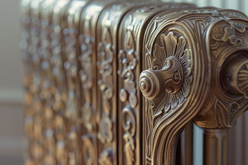 Radiator with decorative flap box in the interior. Close-up of metal decorative radiator box with carved vintage patterns.