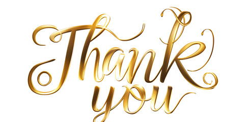 The words "Thank you" in elegant cursive gold lettering isolated on white background,