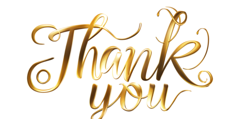 The words "Thank you" in elegant cursive gold lettering isolated on white background,