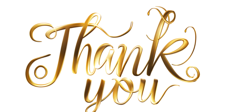 The words "Thank you" in elegant cursive gold lettering isolated on white background,