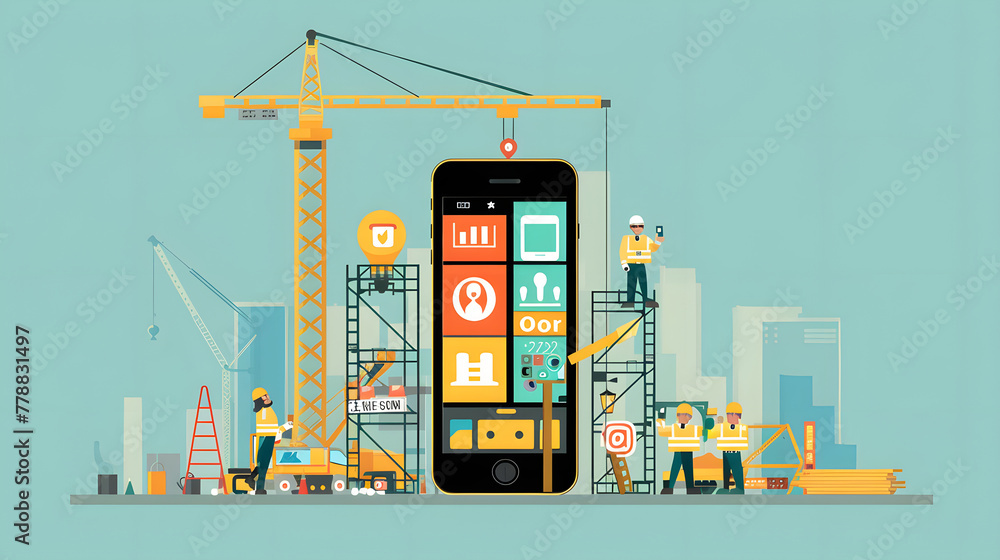 Poster a flat vector illustration of miniature individuals constructing an application on and around an iph