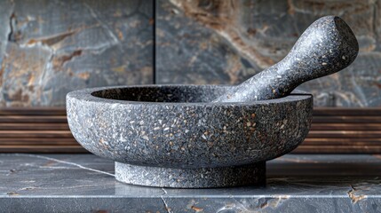   Mortar and pestle on marble countertop with wooden bench and stone wall background - obrazy, fototapety, plakaty