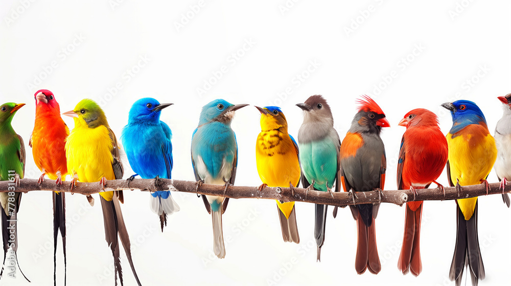 Poster a row of colorful birds are perched on a branch. the birds are of different colors and sizes, creati