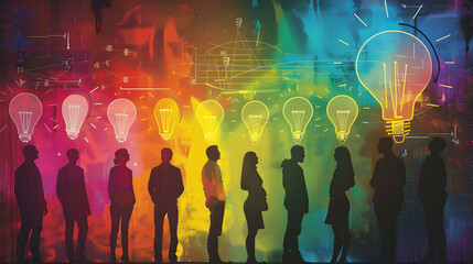 A group of people stand in front of an illustration with colorful light bulbs and mathematical formulas in the silhouette style