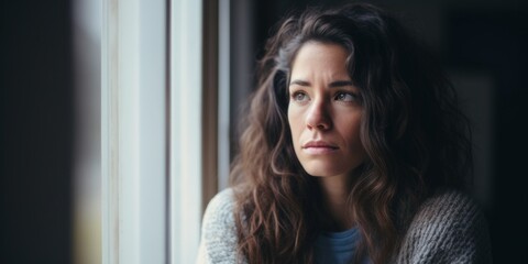 Sad lonely young woman sitting by the window in rainy weather. Generative AI.