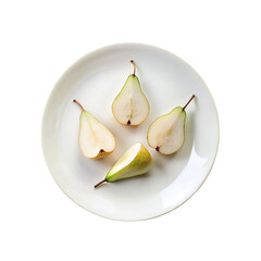 A close-up image of sliced pears on white plate isolated on transparent background.