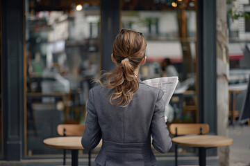 Rear View of a Businesswoman Reading a Newspaper Outside a Café on a Weekend Morning: The Ultimate Guide to Stock Photos Symbolizing Success and Relaxation