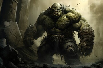 Huge massive muscular orc monster in armor in a cave in the dungeon - obrazy, fototapety, plakaty