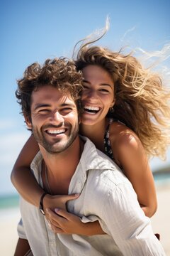 Happy man giving piggyback ride to woman at beach. Young people full of joy on vacation. Generative AI.