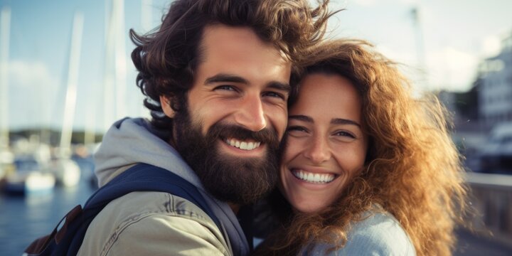 A young couple hugs in a marina on a pier against the backdrop of sailing yachts. Generative AI.