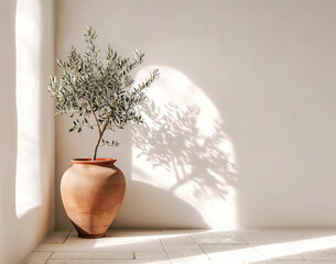 Template of minimalist mediterranean design with plant in terracotta pot and warm white wall. Interior mockup with clean walls for pictures, posters, paintings, sculptures, and other wall art. 