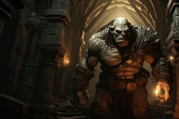 Huge ogre troll monster in armor in the city of monsters