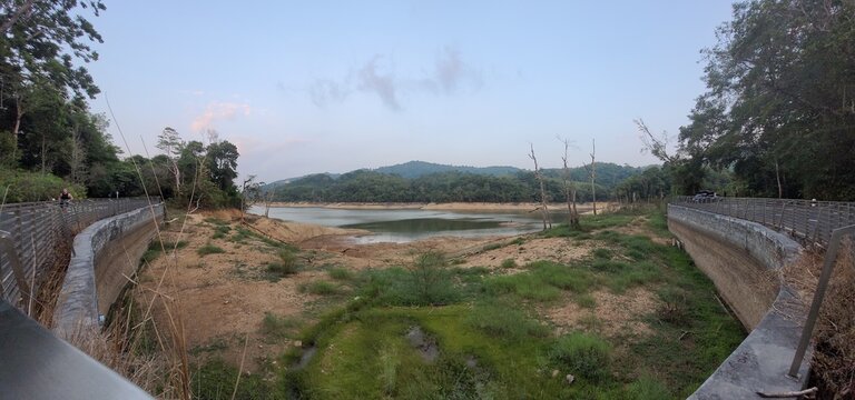 The dam's water level drops throughout the summer