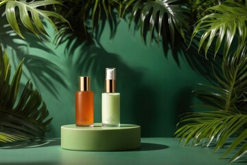 Product packaging mockup photo of packaging serum or cosmetics fragrance with modern design and elegance in tropical forest for product presentation on green background, studio advertising photoshoot
