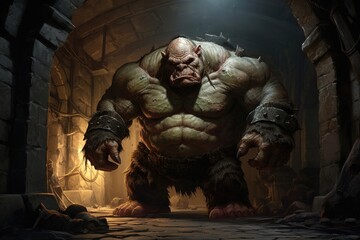 Huge ogre troll monster in armor in the city of monsters in a cave in the dungeon