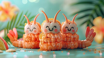 Adorable Kawaii Shrimp Rice Sculptures with Cheerful Facial Expressions Arranged on a Colorful Tropical Inspired Background - obrazy, fototapety, plakaty
