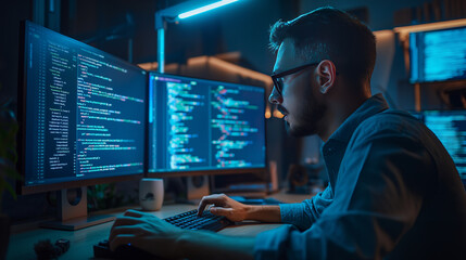  Focused young  programmer working on multiple computer screens in a dimly lit room symbolizing cybersecurity, programming, and technology.