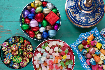 Fototapeta na wymiar Colorful Ramadan Eid Candy and Chocolate Photo, Eid Celebration Among Family, Üsküdar Istanbul, Turkiye (Turkey)