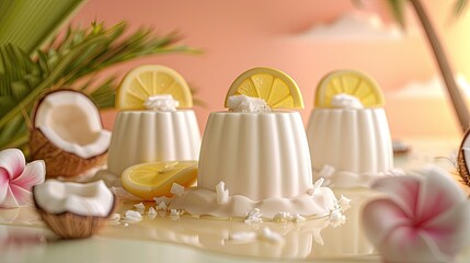 Obraz na płótnie Canvas Delectable Tropical Gelatin Treats Refreshing Lemon Coconut Custard Cups with Fresh Fruit Slices