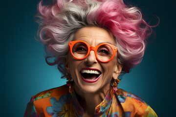 Senior Woman Laughing on Plain Background
