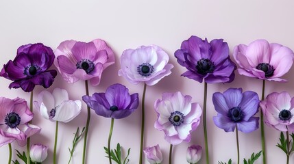  A row of purple and white flowers on a pink background with green stems